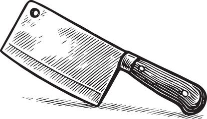Black and white etching illustration of traditional cleaver knife on white background