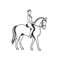 Black and white line art of a beautiful woman with perfect body riding horse elegant minimalist illustration