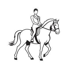 Black and white line art of a beautiful woman with perfect body riding horse elegant minimalist illustration