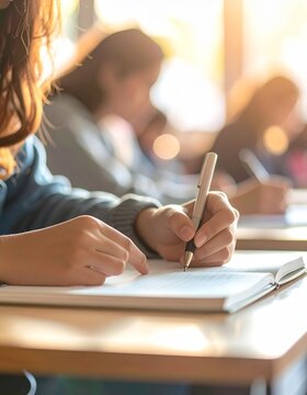 Focused students writing notes in a classroom, with a close-up on hands and notebooks, representing the concentration and hard work of academic life, Education Day