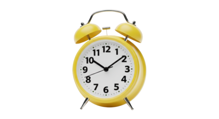 Yellow alarm clock showing ten past one isolated on transparent background