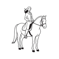 Black and white line art of a beautiful woman with perfect body riding horse elegant minimalist illustration