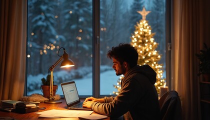 Man works on laptop at desk. Person fills out tax form. Office setting with Christmas tree lights. Winter season work, financial analysis, calculating machine concept. Pro employee focused on job.