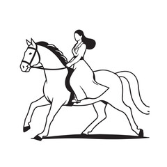 Black and white line art of a beautiful woman with perfect body riding horse elegant minimalist illustration