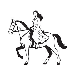 Black and white line art of a beautiful woman with perfect body riding horse elegant minimalist illustration