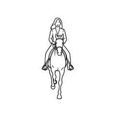 Black and white line art of a beautiful woman with perfect body riding horse elegant minimalist illustration