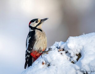 A great spotted woodpecker perched on a snowy branch