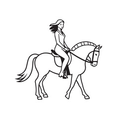 Black and white line art of a beautiful woman with perfect body riding horse elegant minimalist illustration