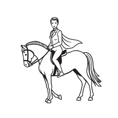 Black and white line art of a beautiful woman with perfect body riding horse elegant minimalist illustration