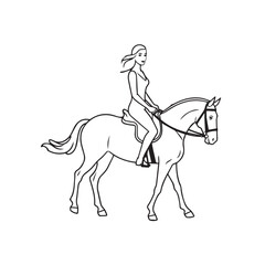 Black and white line art of a beautiful woman with perfect body riding horse elegant minimalist illustration