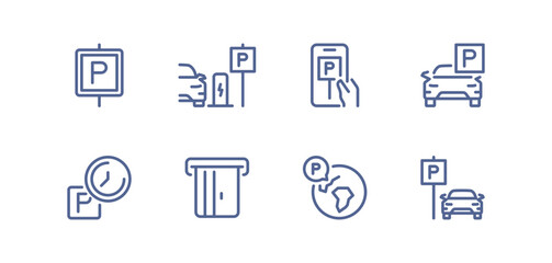 Set of parking related icons, parking garage, parking spaces, car park, paid, underground parking garage and linear variety vectors.