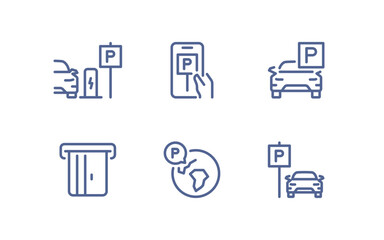 Set of parking related icons, parking garage, parking spaces, car park, paid, underground parking garage and linear variety vectors.