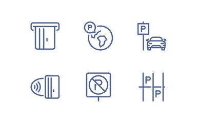 Set of parking related icons, parking garage, parking spaces, car park, paid, underground parking garage and linear variety vectors.