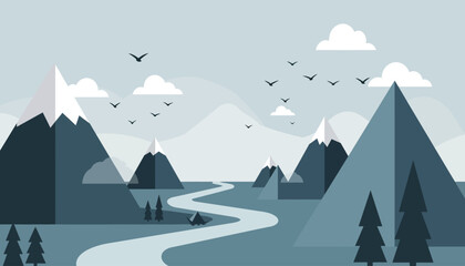 Mountainous Serenity: The image showcases a serene landscape of majestic mountains and rolling hills, with a gentle river meandering through a valley. Clouds, birds.