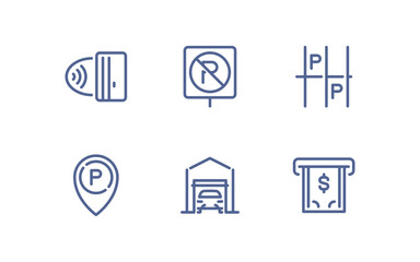 Set of parking related icons, parking garage, parking spaces, car park, paid, underground parking garage and linear variety vectors.