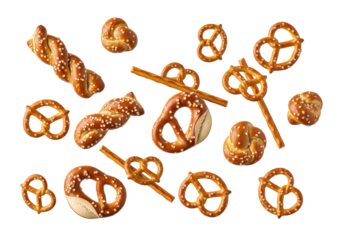 Crispy Golden Pretzels Assortment: Classic Twists, Sticks, and Bites - Delicious Salty Snack Collection on White Background