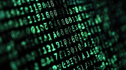 Exploring digital data streams with green binary code displayed on a dark background at night