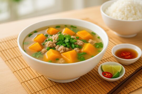Vietnamese Kabocha and Pork Soup with Garnishes. Traditional Canh b&iacute; đỏ soup made with kabocha squash, ground pork, and scallions, served with lime, chili, and fish sauce.