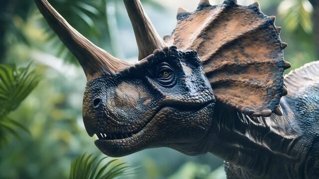 A Triceratops-like dinosaur with a frilled head and horns in a lush jungle.
