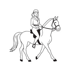Fototapeta premium Black and white line art of a beautiful woman with perfect body riding horse elegant minimalist illustration