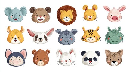 Colorful, cheerful cartoon illustrations of various animal faces, each with unique expressions