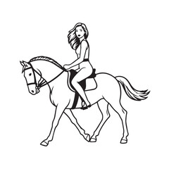 Black and white line art of a beautiful woman with perfect body riding horse elegant minimalist illustration
