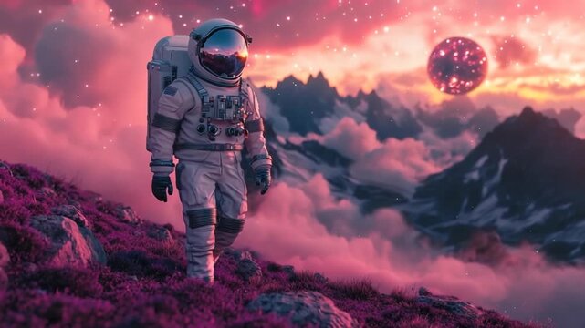 An astronaut strolls across a purple-hued alien landscape beneath a fiery celestial body.