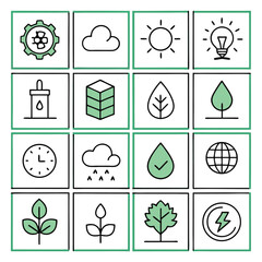 Grid of green and black icons for nature and technology