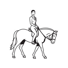 Black and white line art of a beautiful woman with perfect body riding horse elegant minimalist illustration