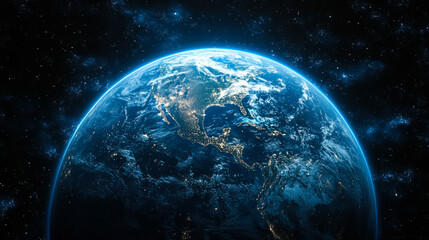 Stunning view of Earth from space showcasing continents, oceans, and atmospheric glow in the vastness of the cosmos