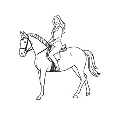 Black and white line art of a beautiful woman with perfect body riding horse elegant minimalist illustration