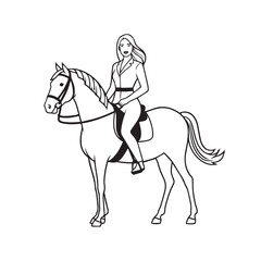 Black and white line art of a beautiful woman with perfect body riding horse elegant minimalist illustration