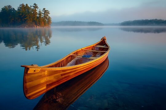Stunning wooden canoe resting on tranquil lake water, ideal for outdoor adventure campaign or serene nature escape, promoting peace and calm experiences