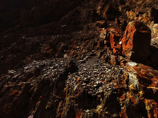 Autumn trend Burnt Wood. Burnt Wood color. Autumn style. Rock texture. Geodesy and geology. Burnt Wood tinted minerals.