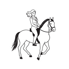 Black and white line art of a beautiful woman with perfect body riding horse elegant minimalist illustration