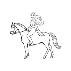 Black and white line art of a beautiful woman with perfect body riding horse elegant minimalist illustration