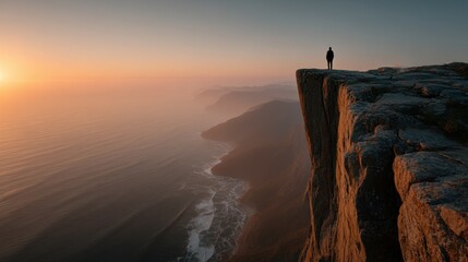 Stunning sunset view from a cliffside where a lone figure stands in awe over the ocean landscape
