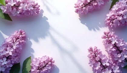 Obraz premium Serene purple lilac flowers arrangement on soft background. Delicate blossoms offer fragrance, visual freshness. Botanical elements create peaceful harmony, inviting relaxation. Springtime aroma,