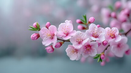 Fototapeta premium Delicate Pink Cherry Blossoms Branch Macro Closeup Soft Focus Background Floral Springtime Beauty and Serenity Pastel Colors Romantic Atmosphere Nature Wallpaper