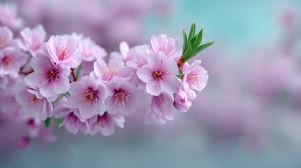 Obraz premium Delicate Pink Cherry Blossoms on Branch Against Soft Blurred Background Springtime Floral Display with Pastel Tones and Focused Detail Nature Photography