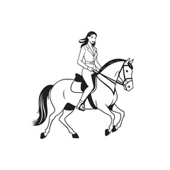 Obraz premium Black and white line art of a beautiful woman with perfect body riding horse elegant minimalist illustration