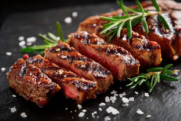 Delicious sliced beef steak with rosemary garnish and coarse sea salt