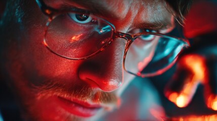 Focused scientist examining samples with intense concentration in a dimly lit laboratory