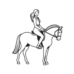 Black and white line art of a beautiful woman with perfect body riding horse elegant minimalist illustration