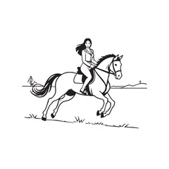 Fototapeta premium Black and white line art of a beautiful woman with perfect body riding horse elegant minimalist illustration