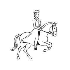 Black and white line art of a beautiful woman with perfect body riding horse elegant minimalist illustration