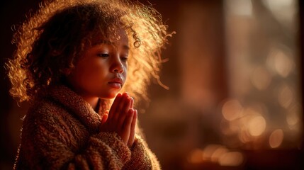 Child prays with hands clasped, bathed in warm light in a cozy indoor setting