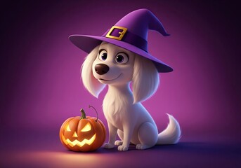 Cute white puppy wearing a purple witch hat with a jack o lantern