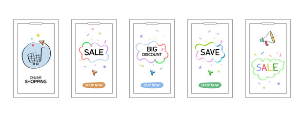  Online Shopping Sale Discount Save Promotions with Confetti and Stars Elements UI Screens Pack