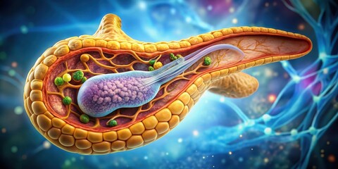 Detailed microscopic view of a pancreas with visible lobes and digestive enzyme production
